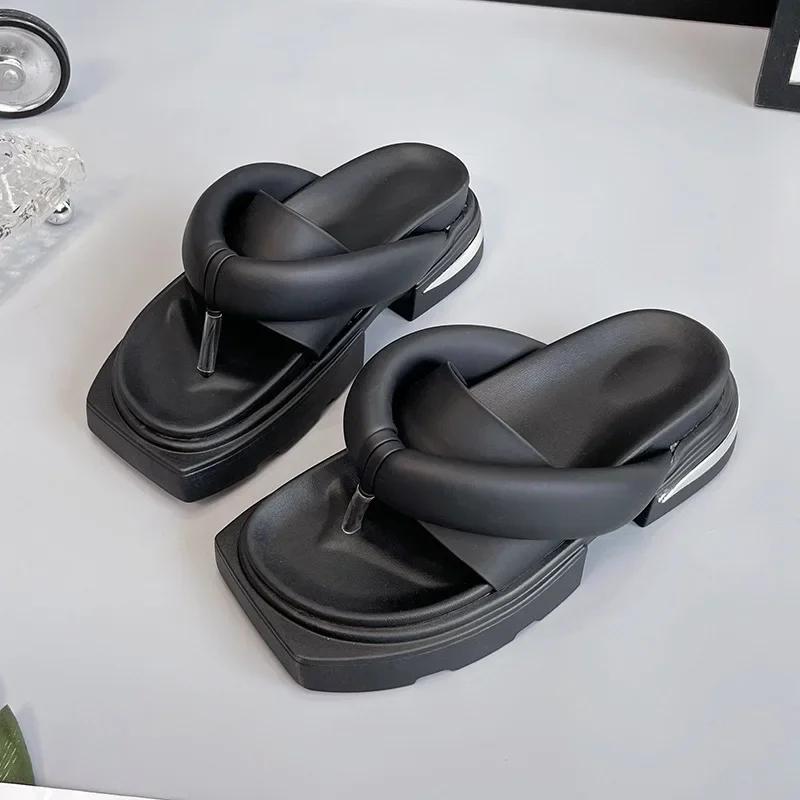 

Fashion Women s Muffin Thick-soled Sandals 2025 Summer New Toe Flip-flops Shoes 35 чёрный