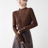 Minimalist Cuff Button Semi High Neck Knit Sweater Women Winter Ribbed Slimming Base Layer Top
