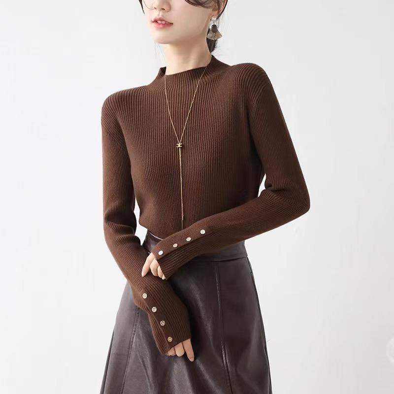 

Минималистичный пуловер с полувысоким воротником и манжетами на пуговицах для женщин, зимний, вязаный в рубчик, облегающий, базовый слой One Size темно-коричневого