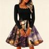 Women's Vintage Long Sleeve Square Neck Halloween Print Evening Dress for Party Occasions
