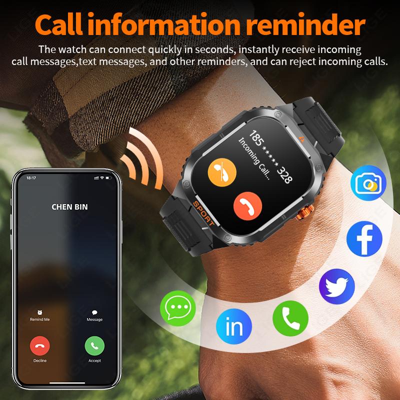 Military Flashlight Smart Watch Waterproof Heart Rate Fitness Sports Call Reminder Smartwatch For IOS Android Phone