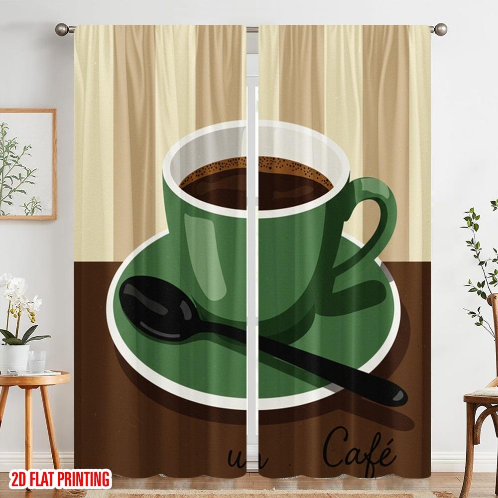 2pcs 2D flat printing Curtain Green Coffee Cup Spoon Fabric Without Electricity All Season Party & Holiday Decor Perfect for