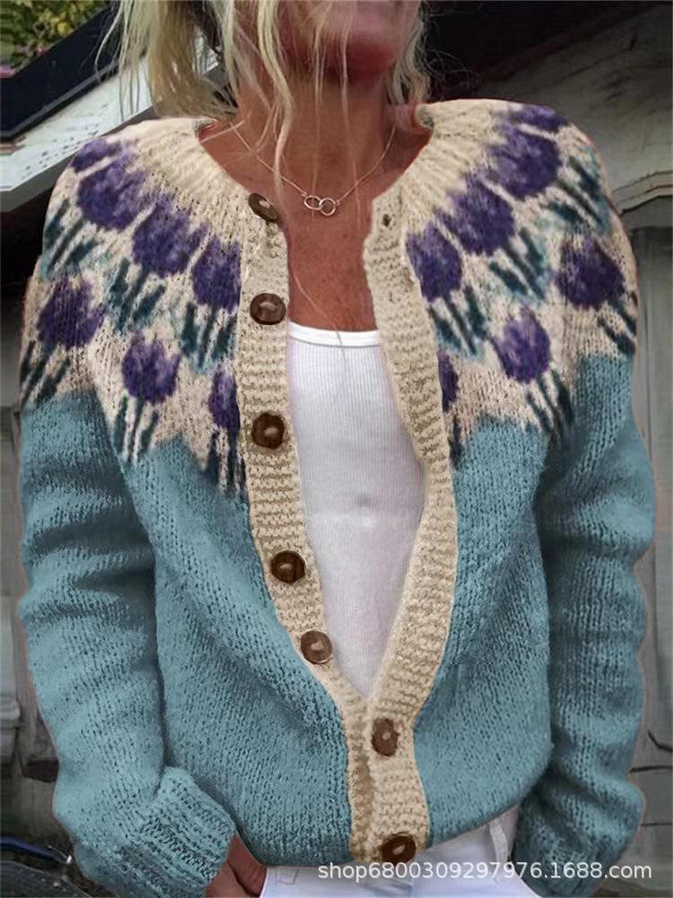 Women's Pink V-Neck Knit Cardigan with Jacquard Floral Pattern