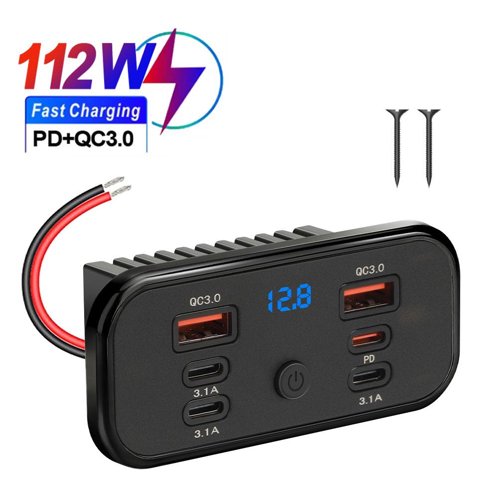 Panou Încărcător Rapid 4/6 în 1 PD QC3.0 Priză Încărcător Auto 3.1A 12V/24V Motocicletă Autobuz Priză Dublă USB cu Comutator Pornit/Oprit și Volmetru Digital 112W