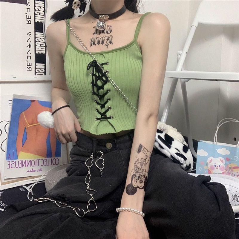 Top corto senza maniche in maglia bianca con schiena scoperta, stile gotico grunge Y2k, da donna, kawaii, carino, estivo, alla moda, con lacci.