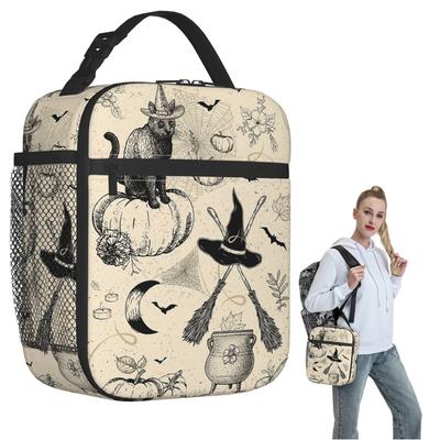 Häxa Svart Katt Pumpa Halloween Mönster Isolerad Lunchväska för Kvinnor Barn Läckagesäkra Matlådor Termisk Lunchlåda Tote