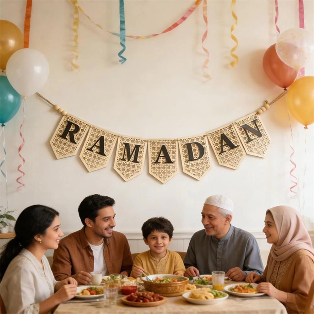 Rustic Eid Wall Hanging Hollowed Wooden Letter Banner Creative Ramadan Decor Pendant  Door Decor