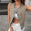 Chaleco Vaquero Jacquard Floral sin Mangas de Cuello Redondo para Mujer de un Solo Botón Corto Estilo Retro Urbano Chaleco Informal para Otoño