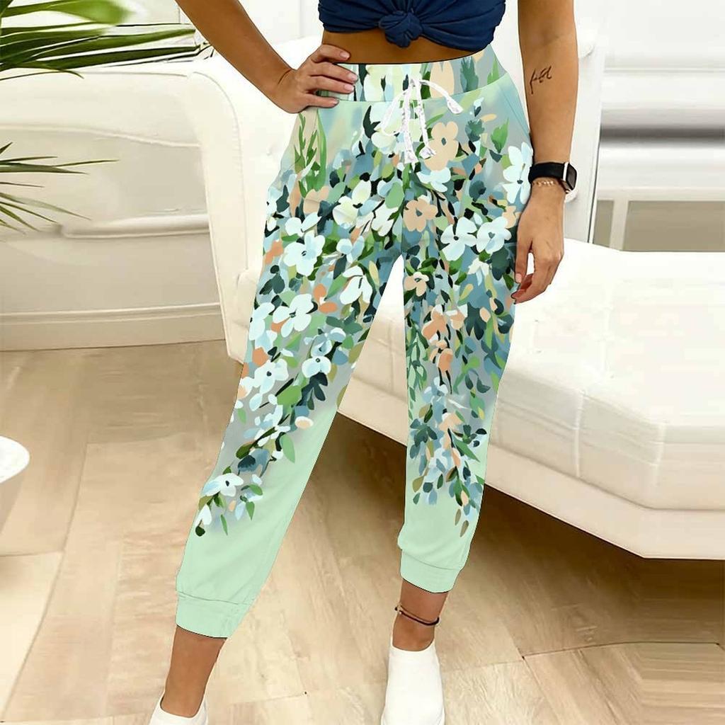 Summer Ladies Solid Color Casual Printed Sweatpants Loose Fit Drawstring Joggers Elastic Cuff Daily Casual Pants