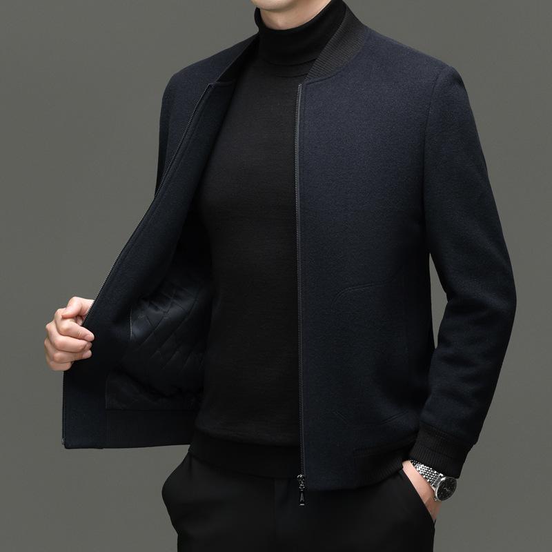 Men's Winter Wool Blend Stand Collar Short Jacket, Middle-Aged Casual Warm Thick Coat