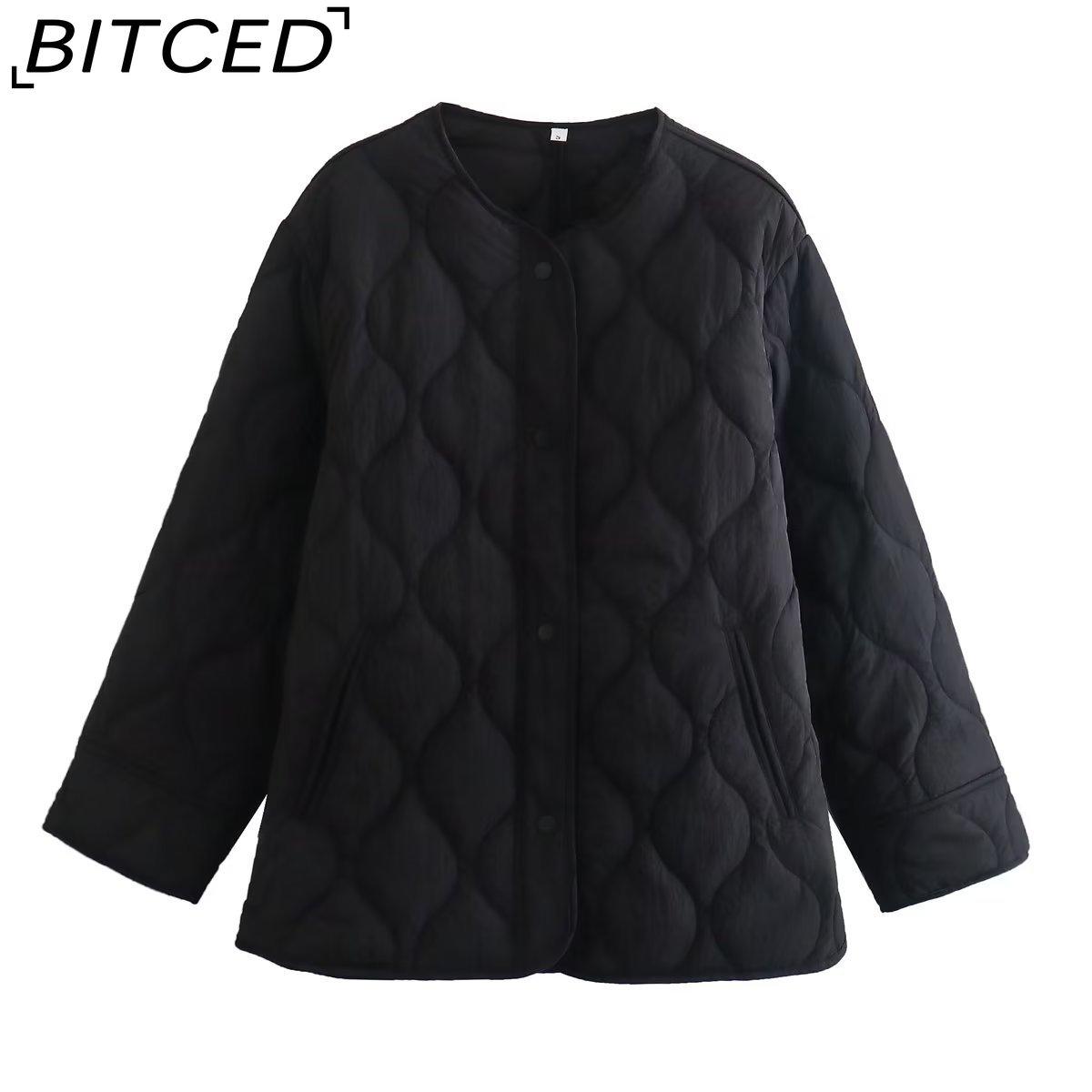 

BITCED Fall/Winter Plus Size Women s O-Neck Loose-Fit Diamond-Quilted Cotton Jacket with Yarn-Dyed Finish L чёрный