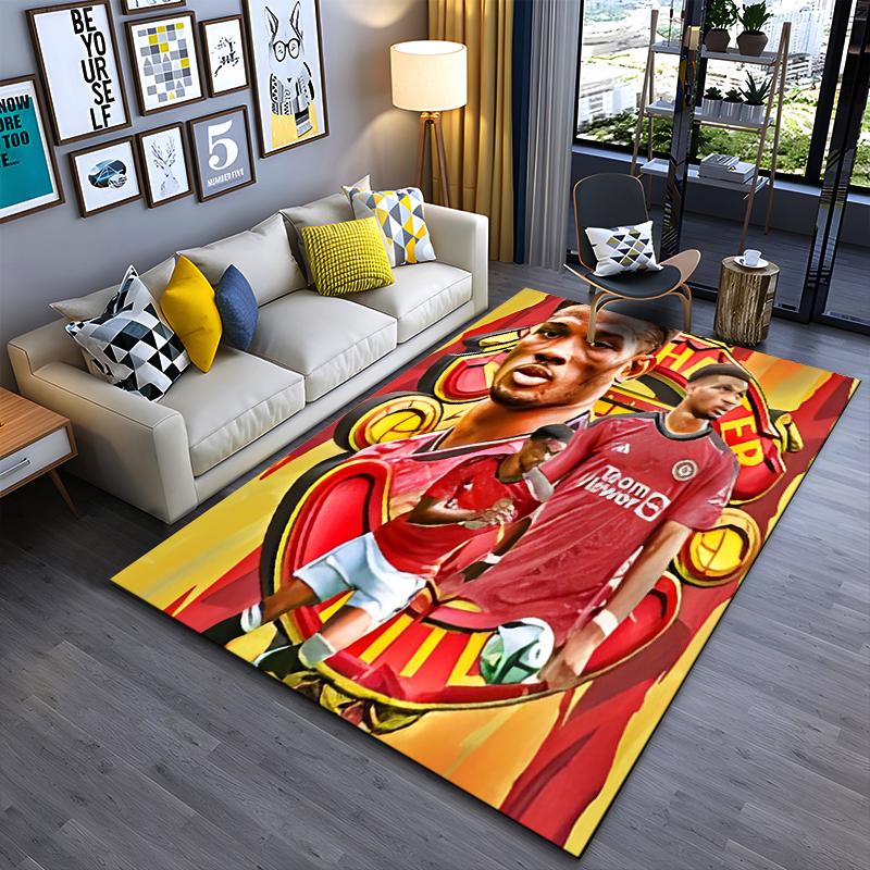 Soccer Star Area Rug, Manchester United Player TeamViewer Red Crest Yellow Background Print, Football Fan Decor, Non-Slip Mat