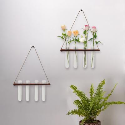 Wand-Vermehrungsstation Hängender Holzständer mit 4 Reagenzgläsern Blumenvase Wandpflanzgefäß für Zuhause Büro Hydroponische Stecklinge