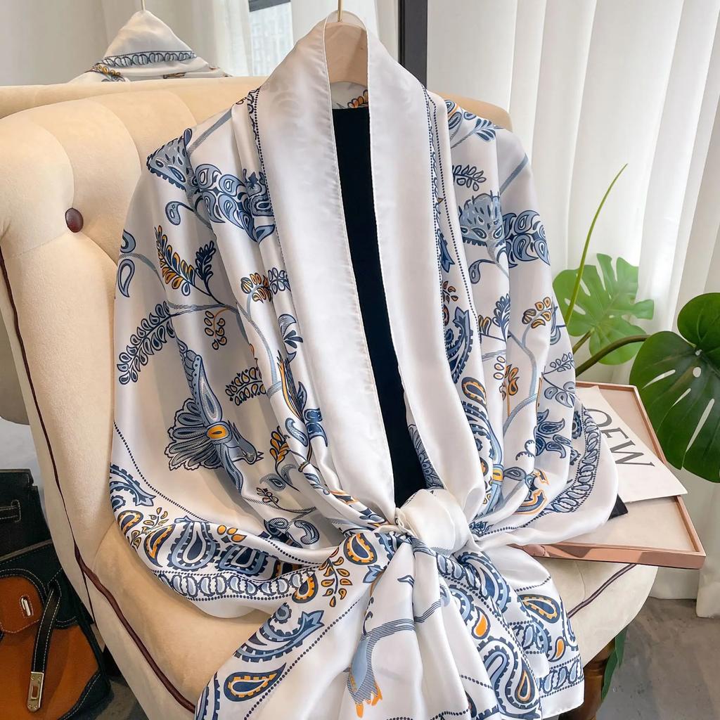 New 90*180CM Fashion Luxury Lady Print Design Shawl Soft Satin Silk Scarf Shawl Versatile Women Long Silk Scarves