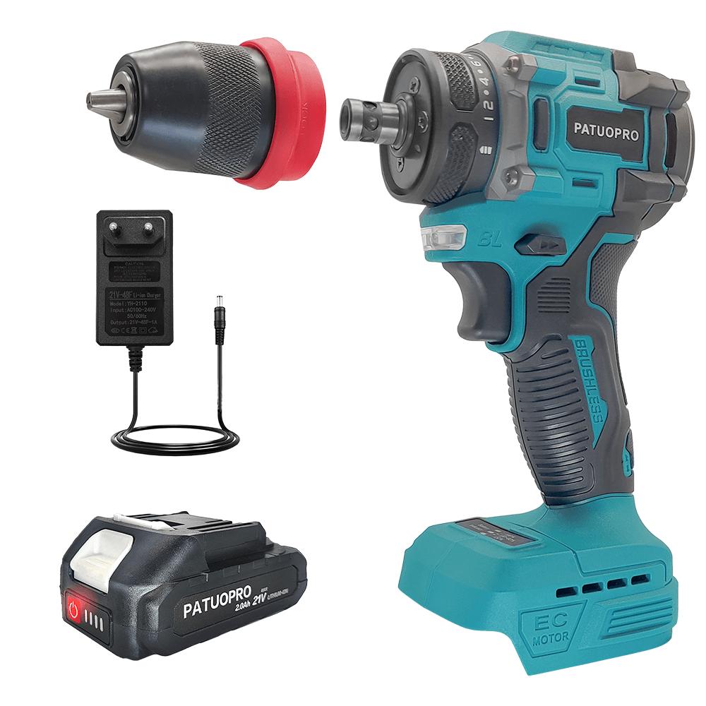 PATUOPRO 2 In 1 Cordless Electric Drill 10MM Chuck Brushless Screwdriver Rechargeable Driver Power Tool For Makita 18V Battery