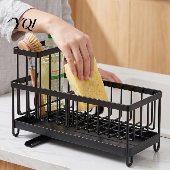 Detachable Compartment Rack Sink Caddy Organizer with Drain Tray, Durable Carbon Steel Sponge Holder, Kitchen Gadget Storage Space Saving for