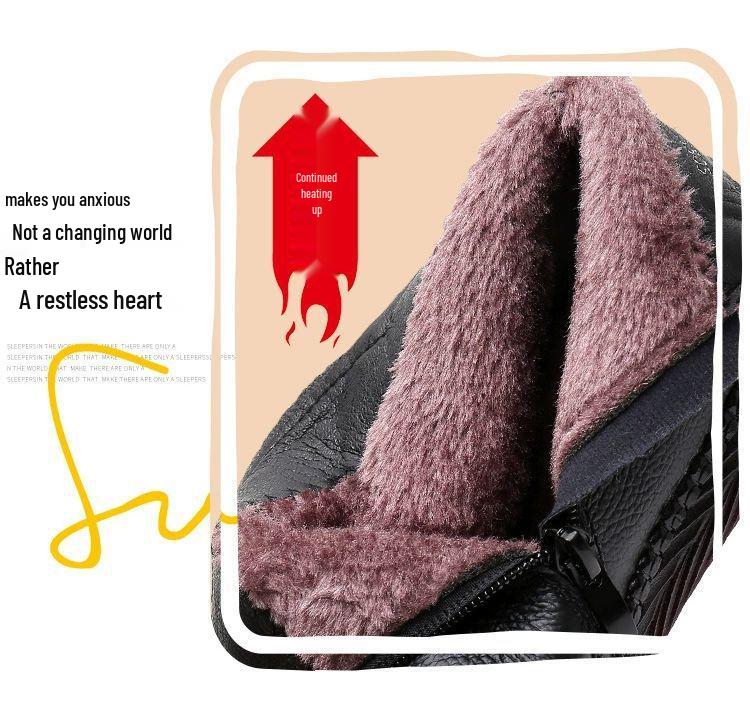 Women's Genuine Leather Winter Plush Ankle Boots - Comfortable, Non-Slip, Soft Flat Bottom for Middle-Aged & Elderly