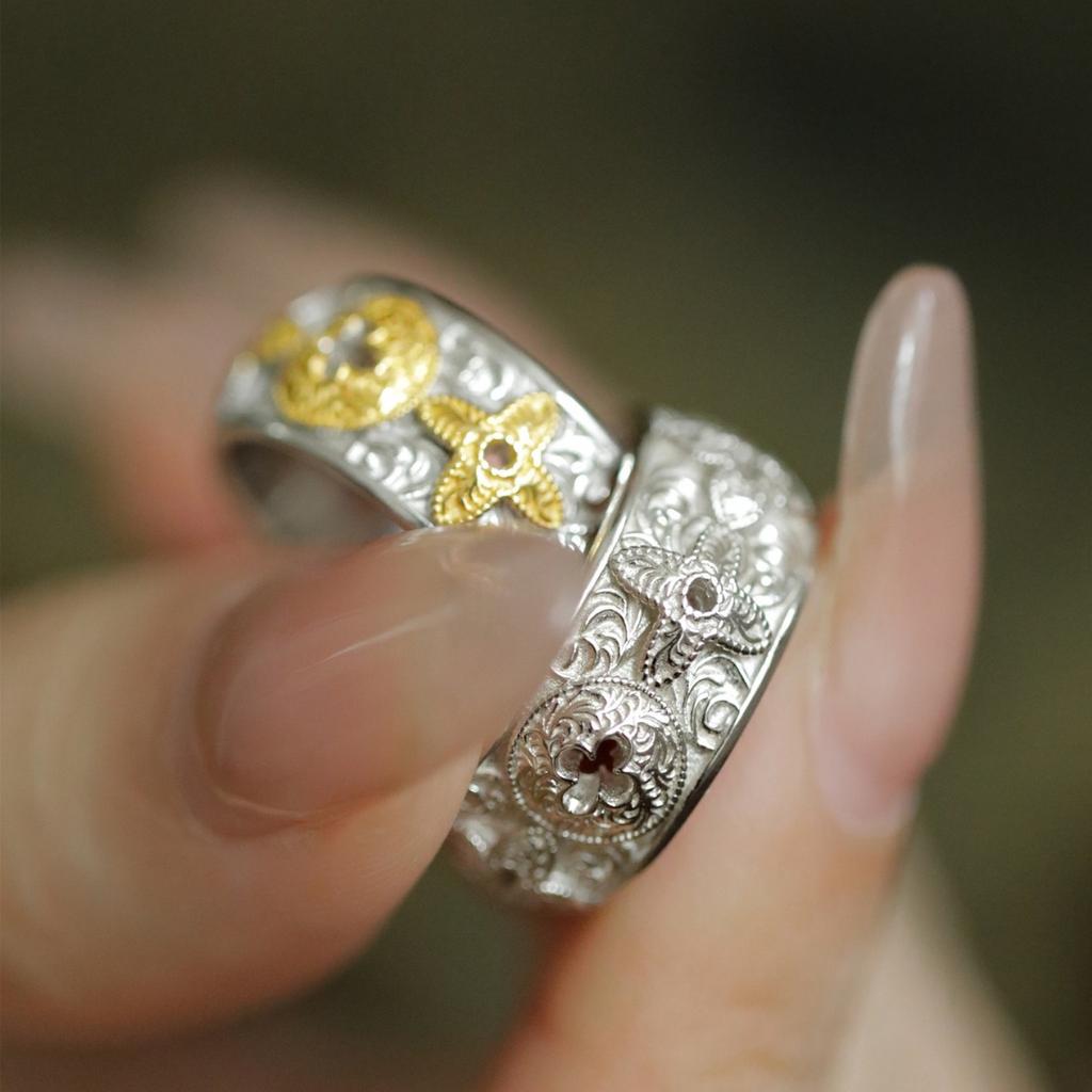 S925 Sterling Silver Gold and Silver Color Matching Tang Cao Pattern Presbyopic Open Flower Four-Leaf Tang Cao Ring for Women