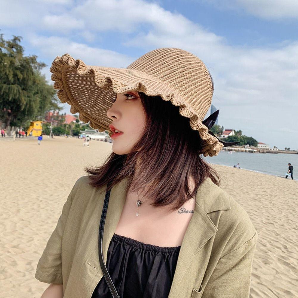 Summer Big Bows Ruffle Brim Cap Fordable Bucket Panama Caps New Knitted Free Top Sun Hat