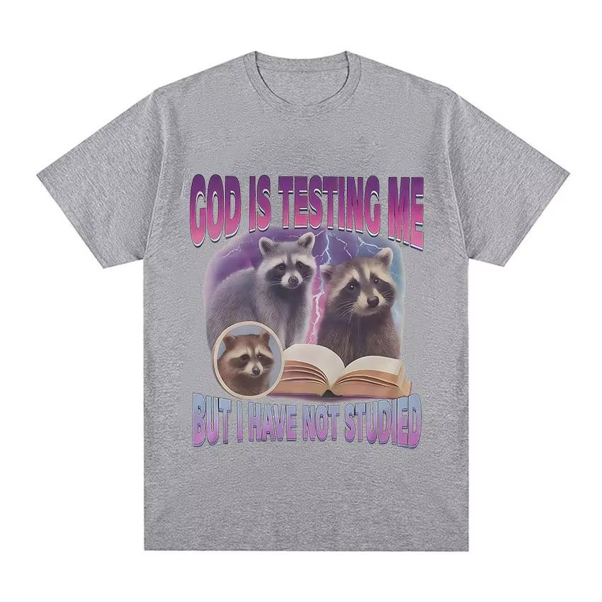 God Is Testing Me But I Have Not Studied TShirt Raccoon Funny Meme Book Graphic TShirt Unisex Unisex Y2K Vintage Oversized T Shirt