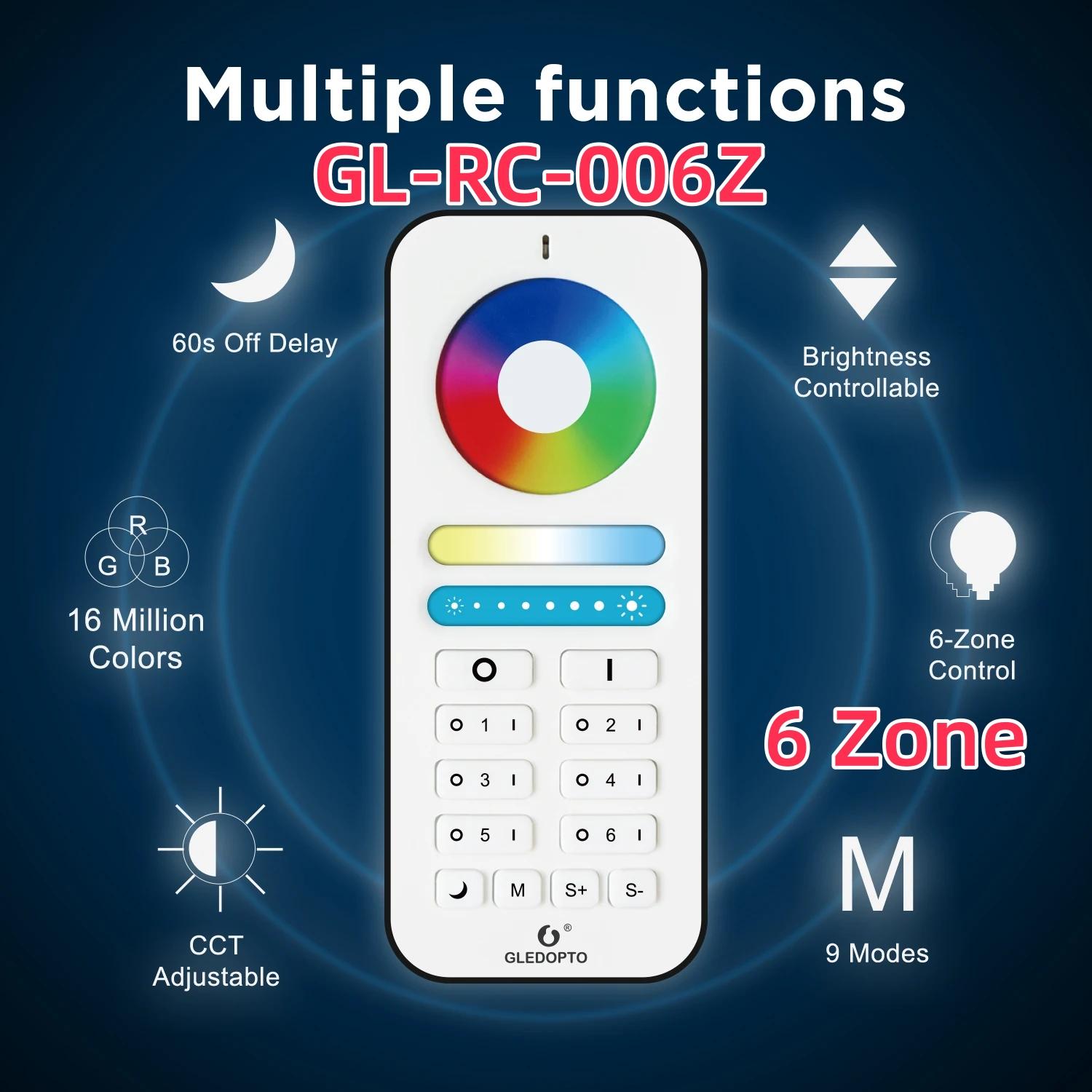 

GLEDOPTO Smart Home 2.4G RGBCCT 6/8 Zone Group Control RF Remote Control Work Pro Series RGBCCT Controller LED Bulb Spotlight