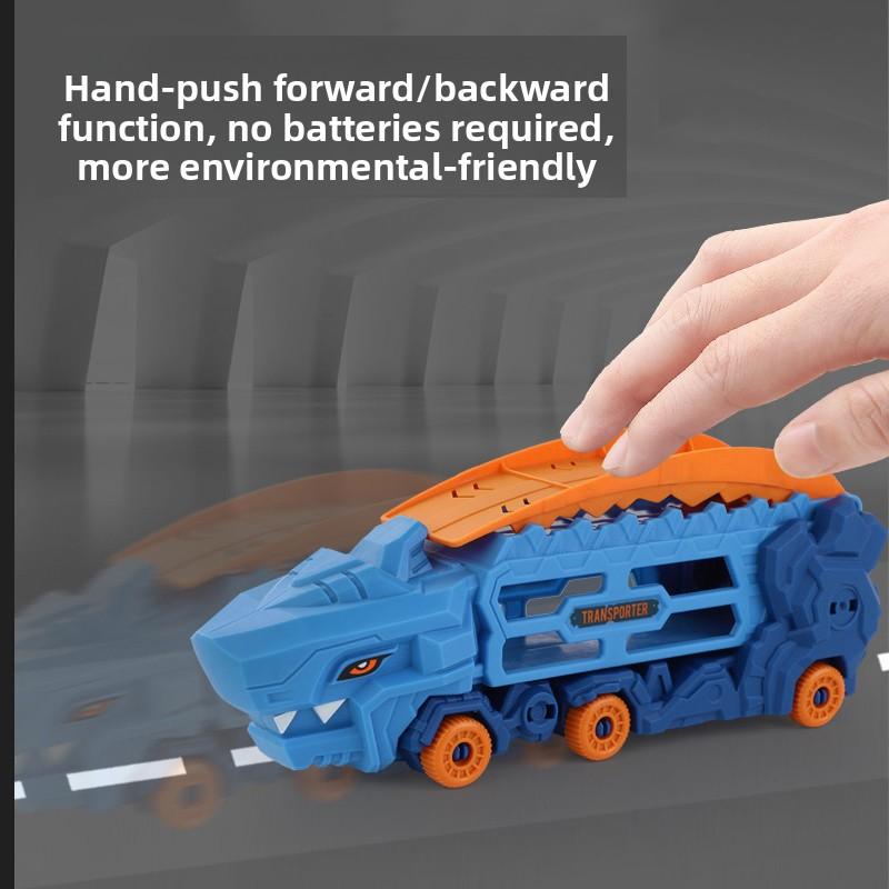 Dinosaur Transport Truck with Foldable Sliding Race Track, Toy for Children, Transformable T-Rex Tricycle,