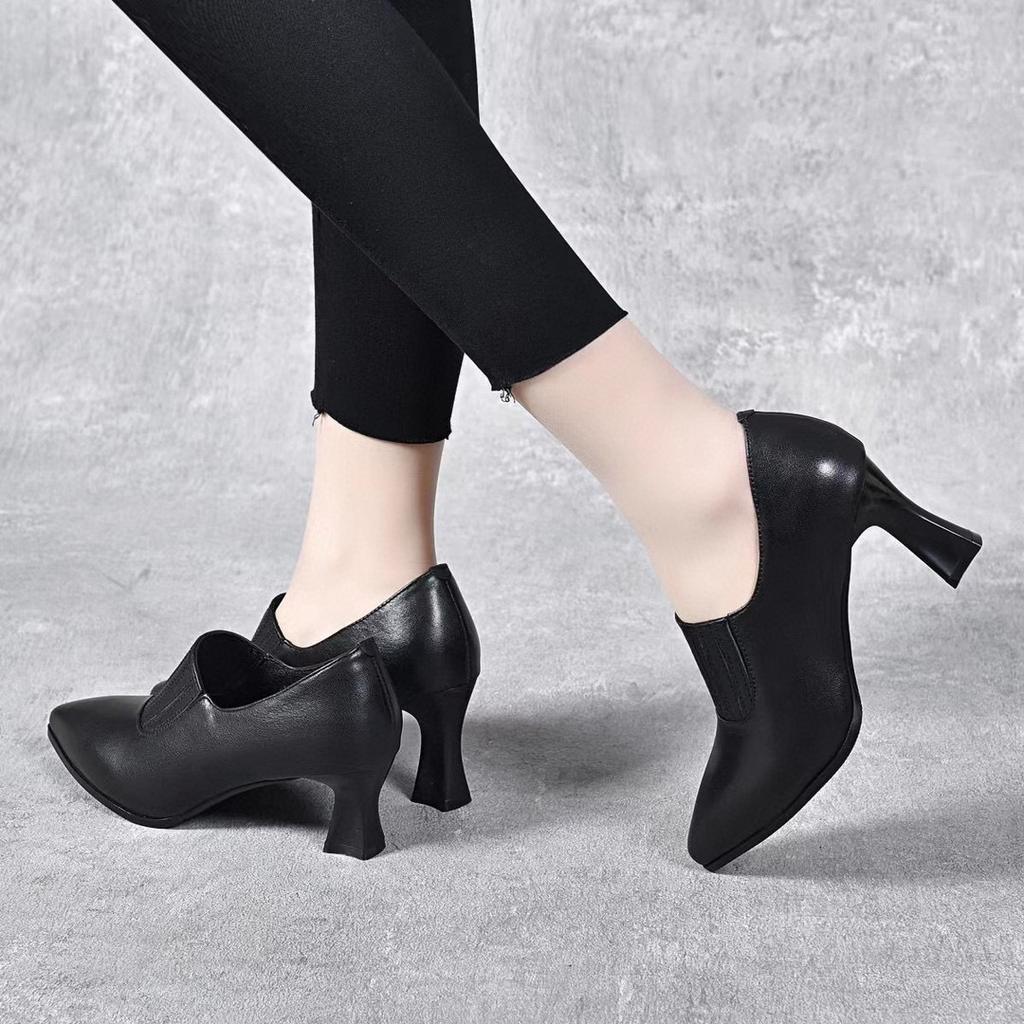 Pointed stiletto high heels women's spring British black first-layer cowhide organ pleated deep mouth single shoes fashion shoes