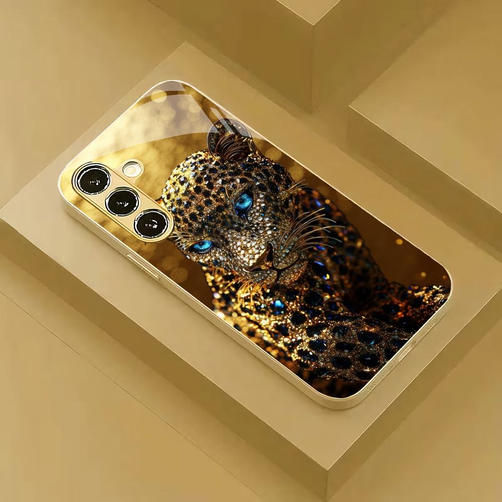 Golden Leopard Electroplated Glass Phone Case Suitable for Samsung Galaxy S26 S25 S24 S23 S22 S20 FE/Ultra/Plus Anti Drop
