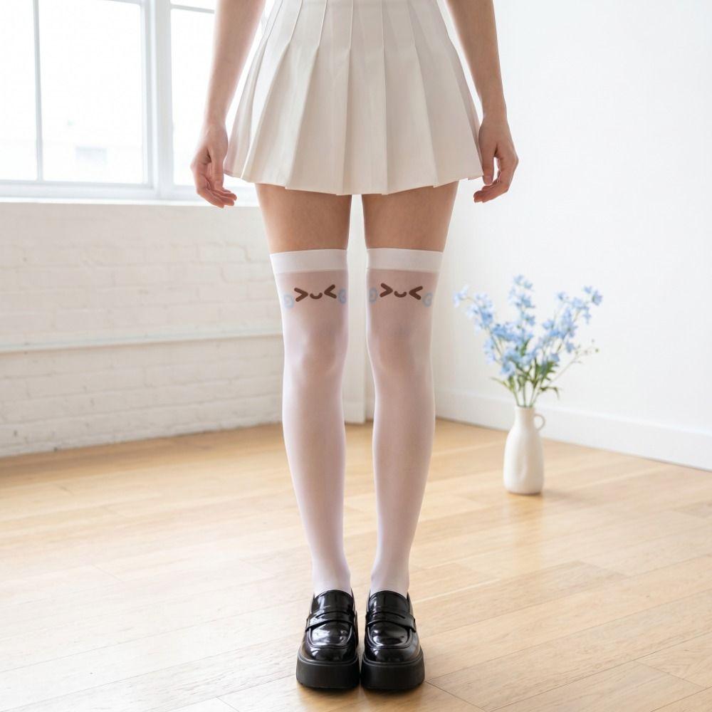Elastic Printed Design Kawaii Stockings Cute Expression Cat Ear Knee High Socks JK Lolita Women Long Socks Daily