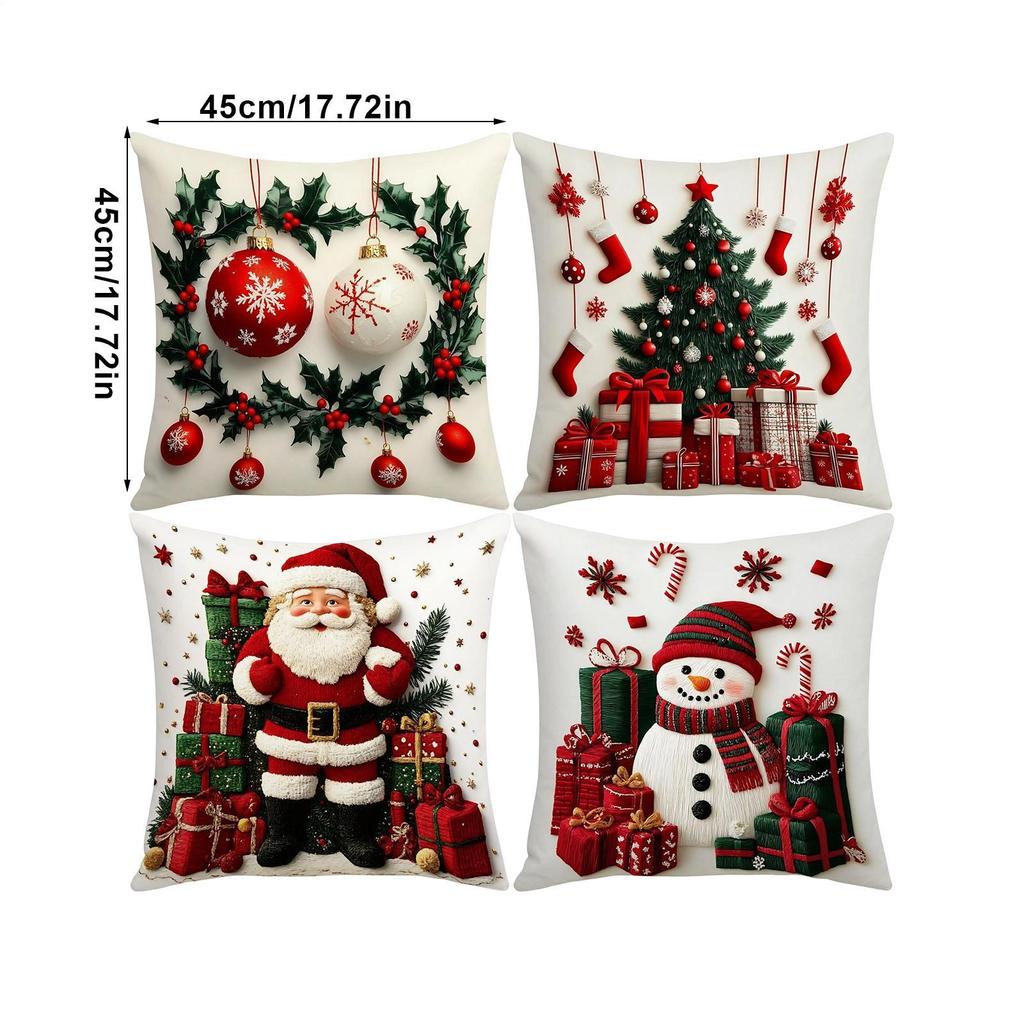 4 Pieces 18x18 Inch Winter Christmas Pillowcase Decor Linen Plush Cartoon Snowman Printed Pillow Cover Christmas Decoration