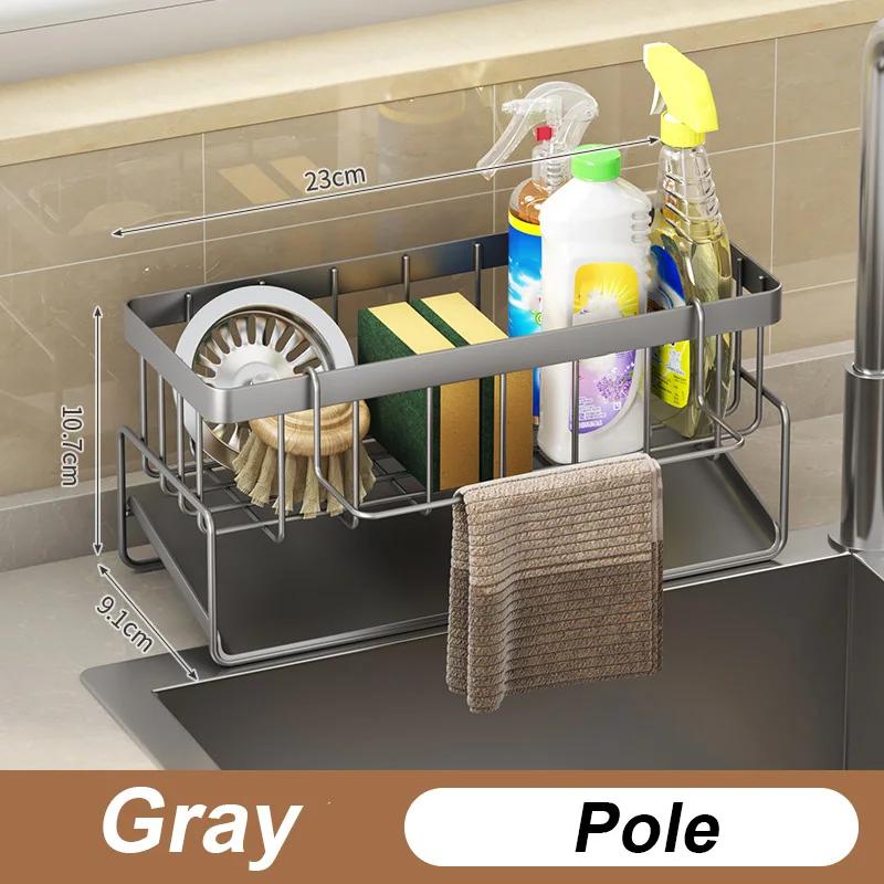 Bathroom Sink Storage Rack Metal Drain Rack with Cutlery Container Dishwashing Sponge Holder Kitchen Countertop Storage Shelf