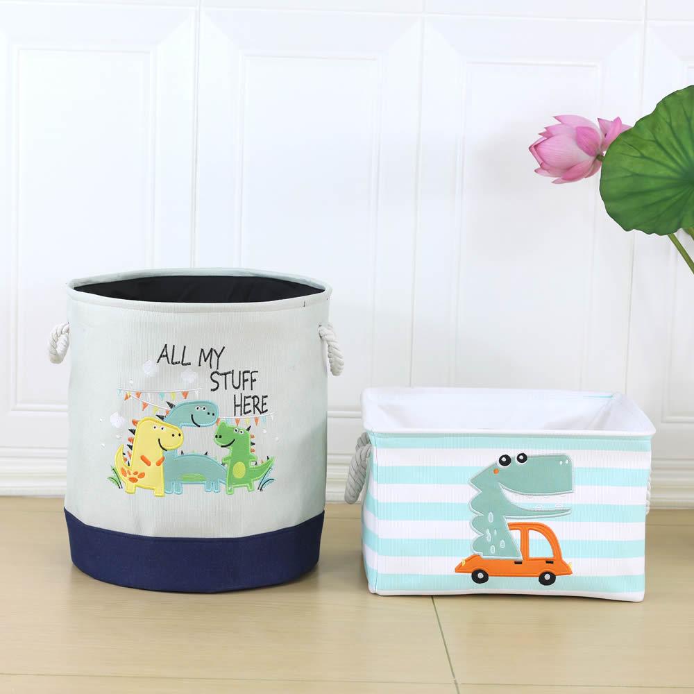 Children's Cartoon Embroidery Storage Bucket - Fabric Cotton Linen Organizer for Toys, Laundry, and Sundries.