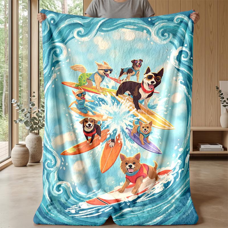 Surfing Dog Paradise Theme Blanket Lightweight Warm Flannel Blanket Decorative Throw Blanket for Home Decoration