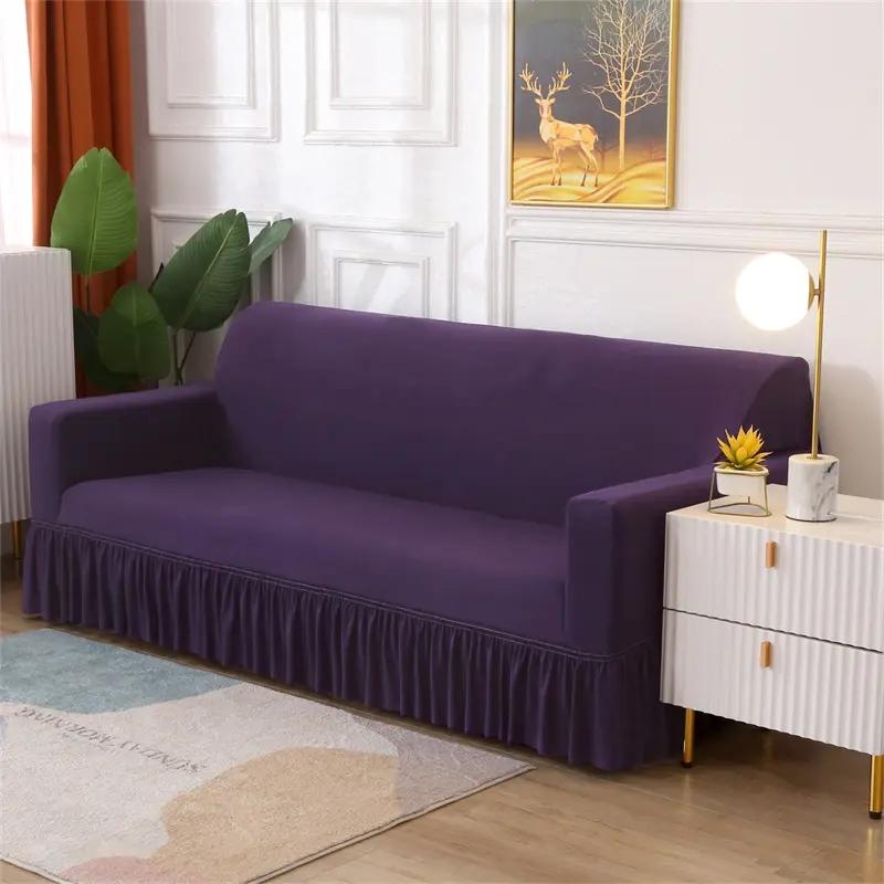 Solid Color Elastic Sofa Cover With Skirt Home Decor Non-slip Slipcover Furniture Couch Protector Cover