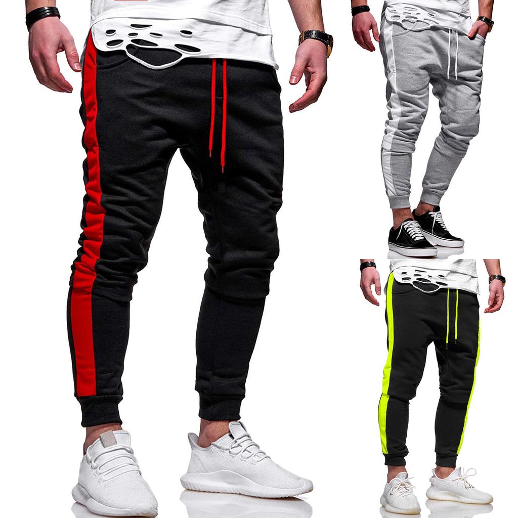 Mens Casual Fitness Patchwork Bodybuilding Pocket Skin Full Length Sports Pants