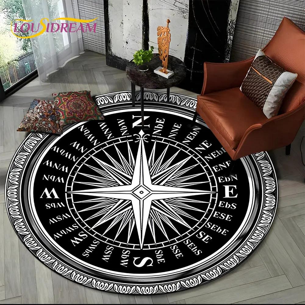 3D Retro Kompass Serie Kreis Teppich,Runder Teppich für Wohnzimmer Schlafzimmer Sofa Fußmatte Dekor Rutschfeste Bodenmatte Geschenk