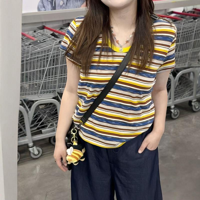 

Summer 2026 Plus Size Women s Striped Round Neck Short Sleeve Slimming T-shirt 3XL for 240-300 jin