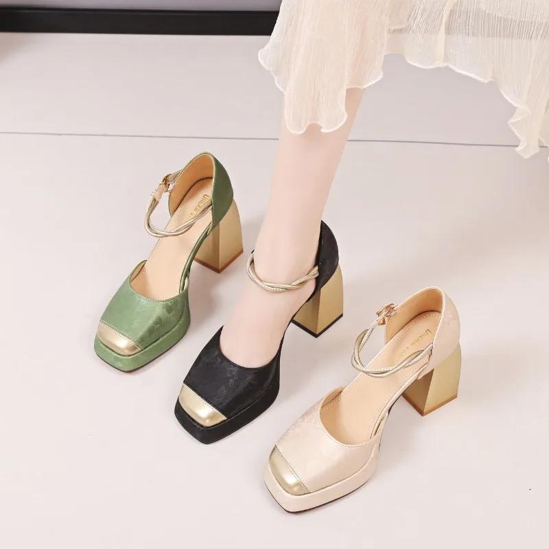 High Quality Women's High Heels Hot Selling Fashion Baotou Thick Heels One-Word Buckle Belt Banquet Wedding Women's High Heels