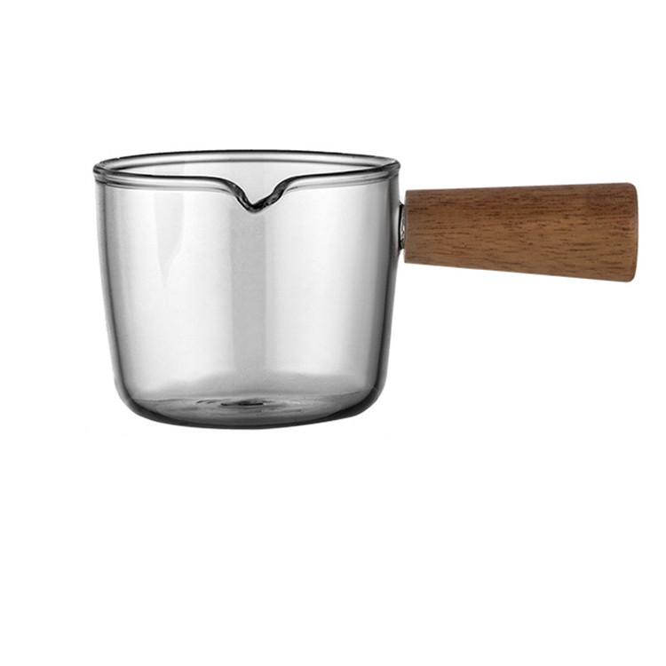 1pc Short Handled Milk Measuring Cup Coffee Milk Measuring Cup Wooden Handle Transparent Glass Measuring Cup Kitchen Accessories 51-100ml