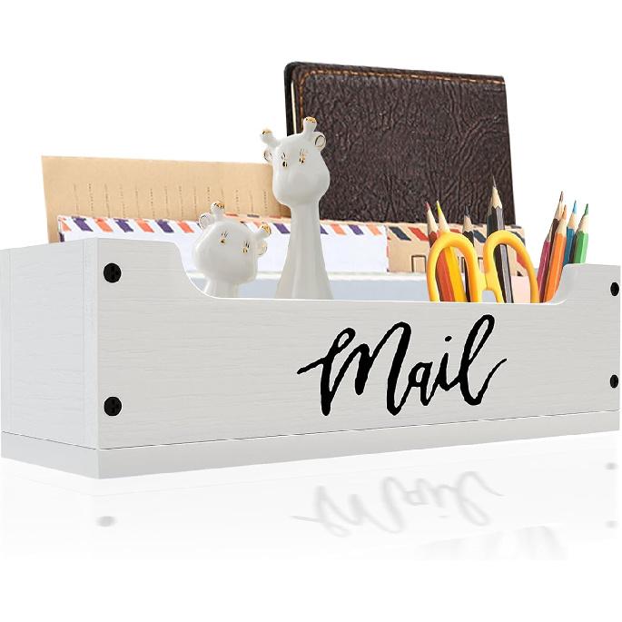 White Wooden Mail Organizer Countertop - Mail Organizer Wall Mounted, Office Mail Holder, Desktop Mail Basket for Counter, Letter Holder Box for Home White & Black
