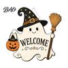 Ghost Wall Decor Halloween Wooden Welcome Sign for Front Door, Rustic Cartoon Hanging Fall Farmhouse Plaque with Pumpkin Wizard Hat And Broom Holiday