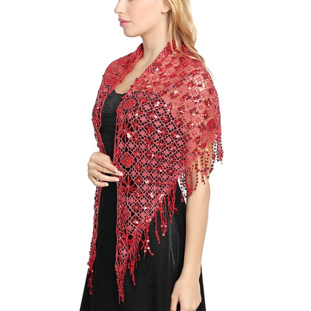 Hollow Triangle Sequin Lace Shawl Bridal Wedding Women Luxury Party Wrap Female Shiny Glitter Stole Club Scarf with Tassel