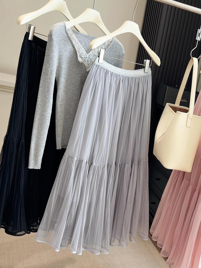 Women's Solid Color Pleated Mesh Half Skirt with Elastic Waist and Patchwork Design for Spring/Summer 2026