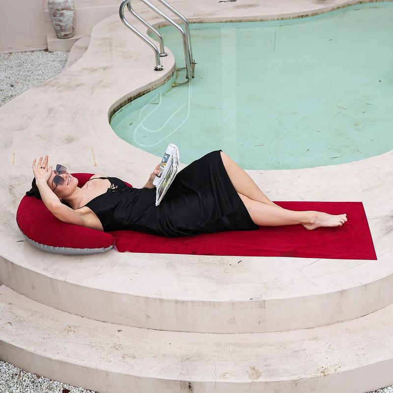 Flocked PVC Inflatable Beach Mat 63" Waterproof Poolside Lounger With Pillow Sunbathing Compact Travel Sleeping Pad For Adults