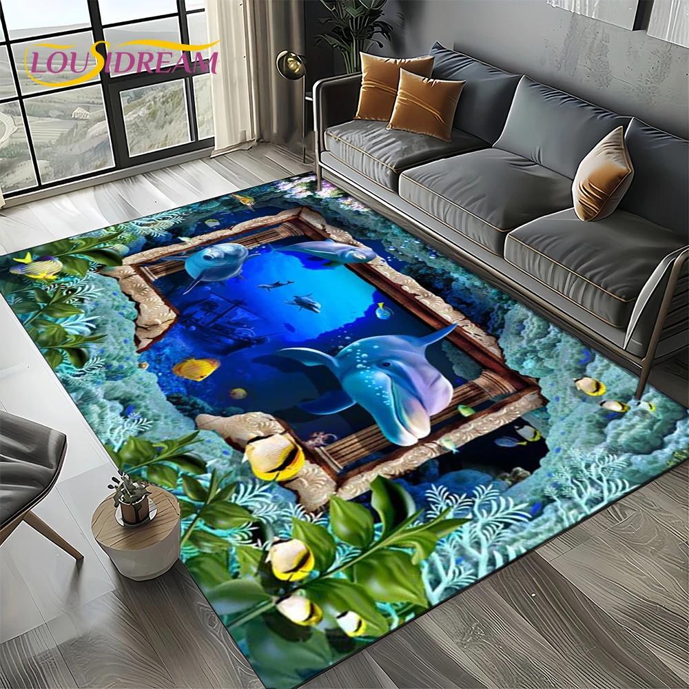 Underwater World 3D Illusion Seabed Cartoon Shark Dolphin Carpet Rug for Living Room Bedroom Home Sofa Decoration,Floor Mat Kid