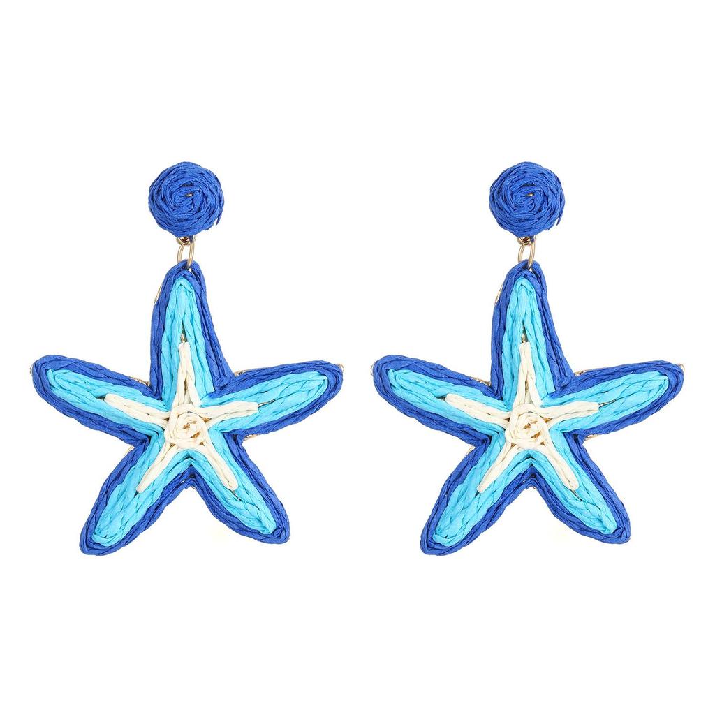 Summer Flower Earrings For Women Dopamine Vacation Style Exaggerated Starfish Earrings Hand Woven Lafite Grass Earrings For Women