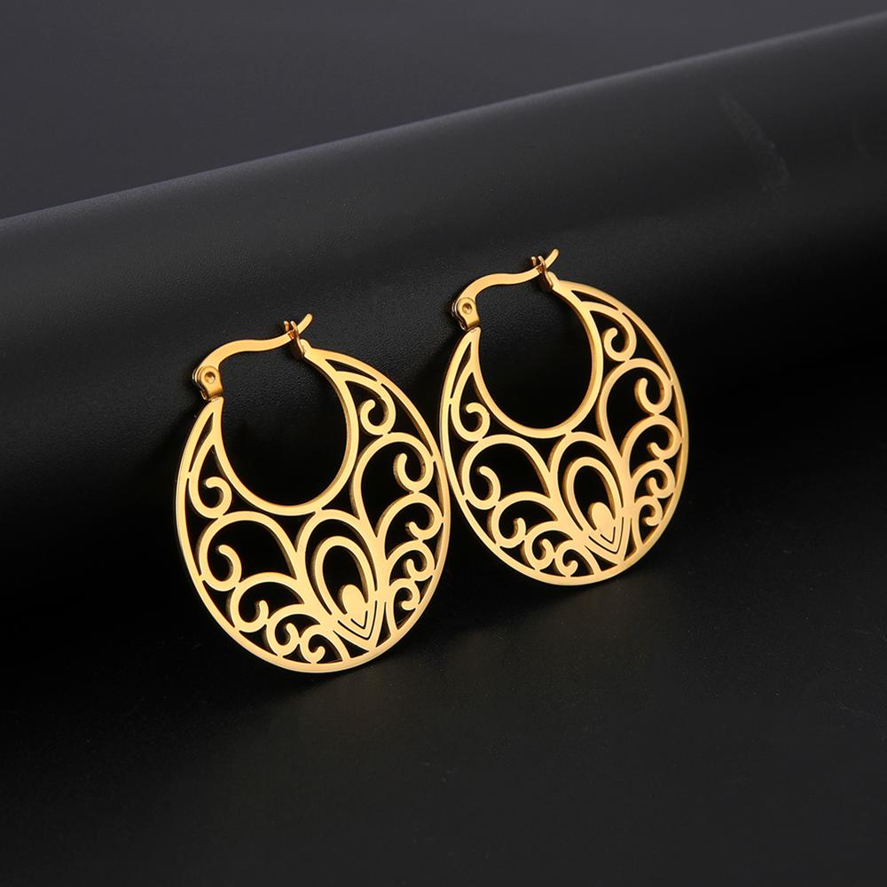 Vintage Flower Tree Hoop Earrings for Women Stainless Steel Gold Round Circle Boho Earring Female Jewelry Gift