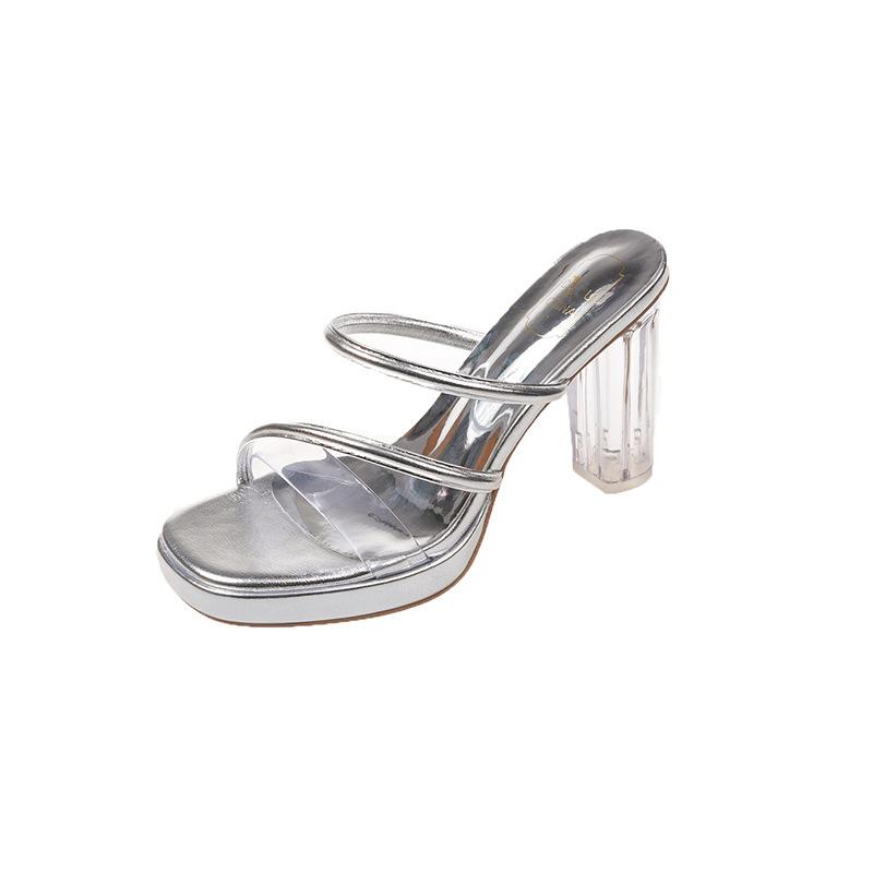 Super High Heels Slippers Women's Summer New One-word with Transparent Outer Wear Crystal and Thick Heels Women's Square Head