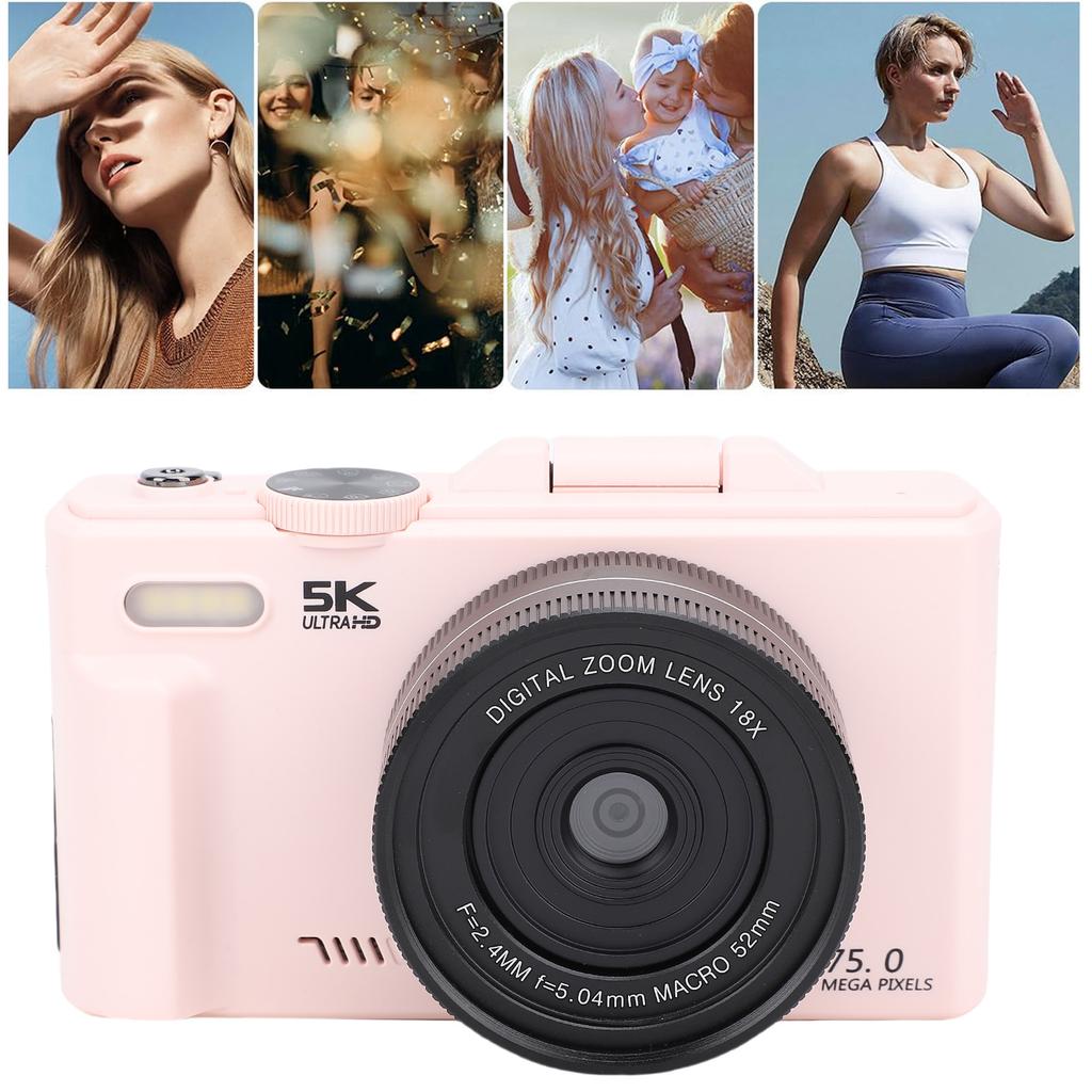 3'' 180° Flip Screen Vlog Camera 18X Zoom Autofocus Compact Travel Camera with Flash 5K 75MP WiFi Digital Camera for Photography