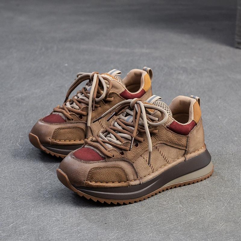 Fashion GKTINOO Sneakers Women Genuine Cow Leather Flats Thick soled Lace-Up Spring Autumn Lady Casual Flat Shoes Handmade Women Shoes